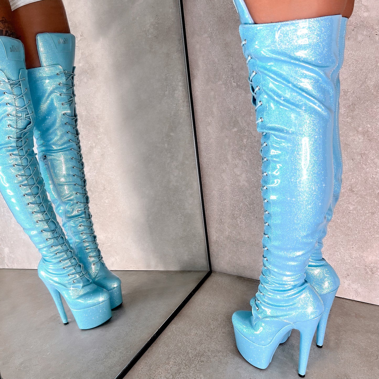 The Glitterati Thigh High - Baby Blues *2.0* - 7 INCH, stripper shoe, stripper heel, pole heel, not a pleaser, platform, dancer, pole dance, floor work