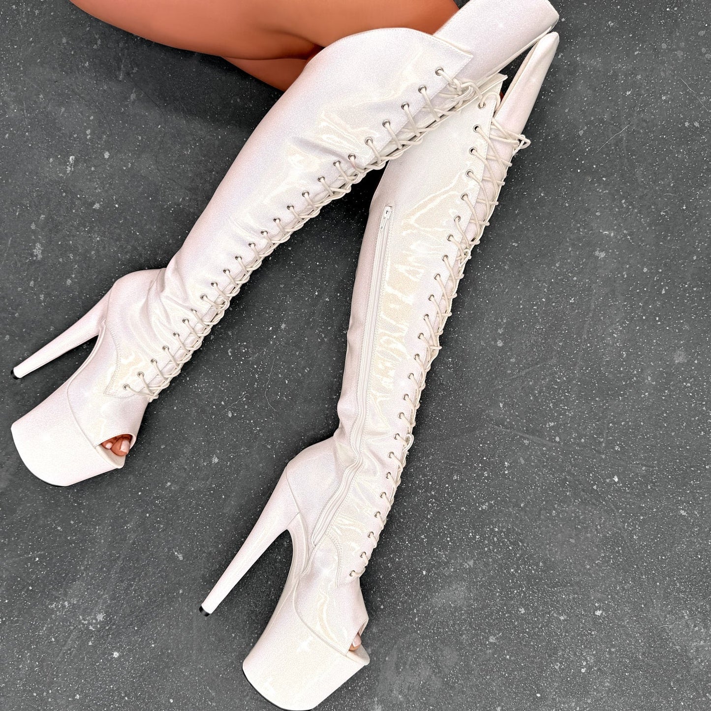 The Glitterati - Snow Kween Over Knee Open Toe Boot - 8INCH