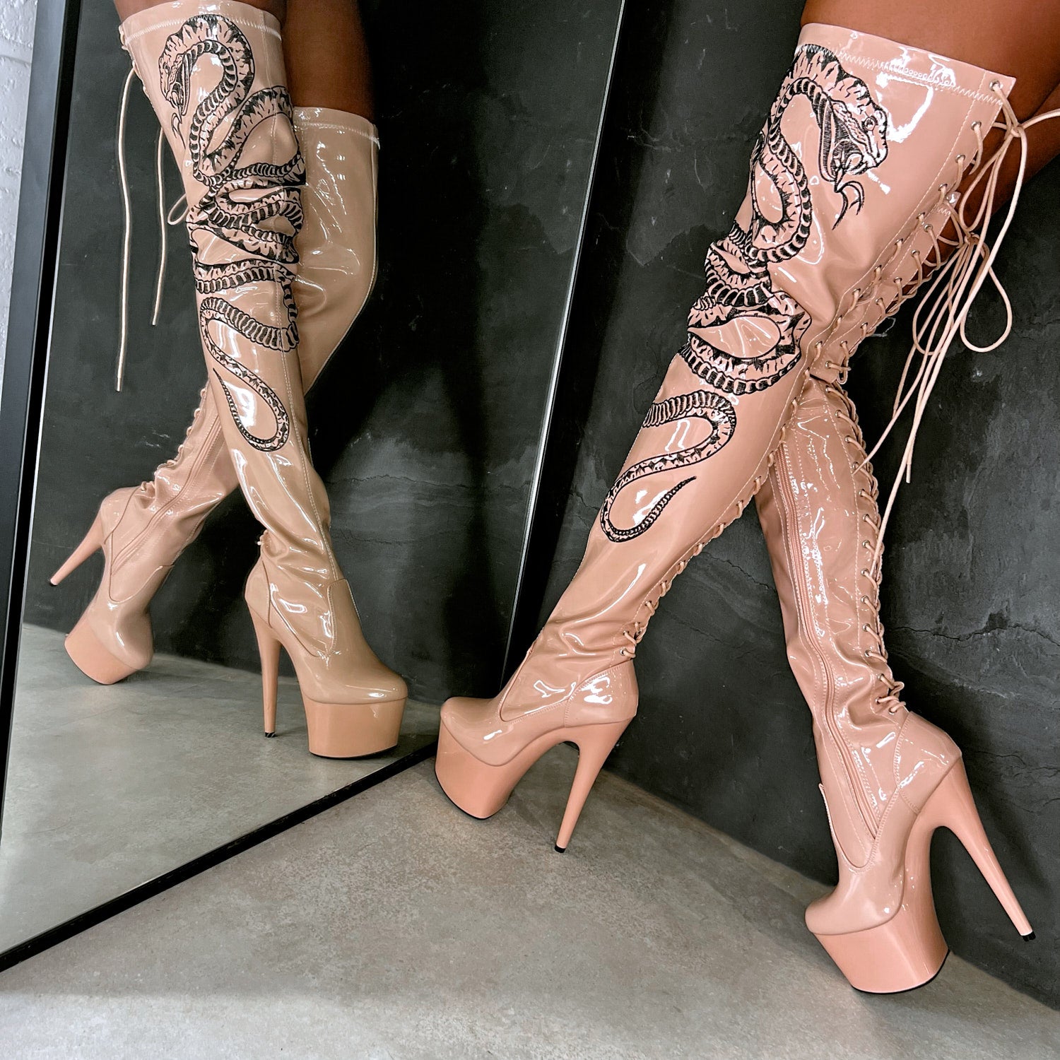 Black thigh deals lace up heels