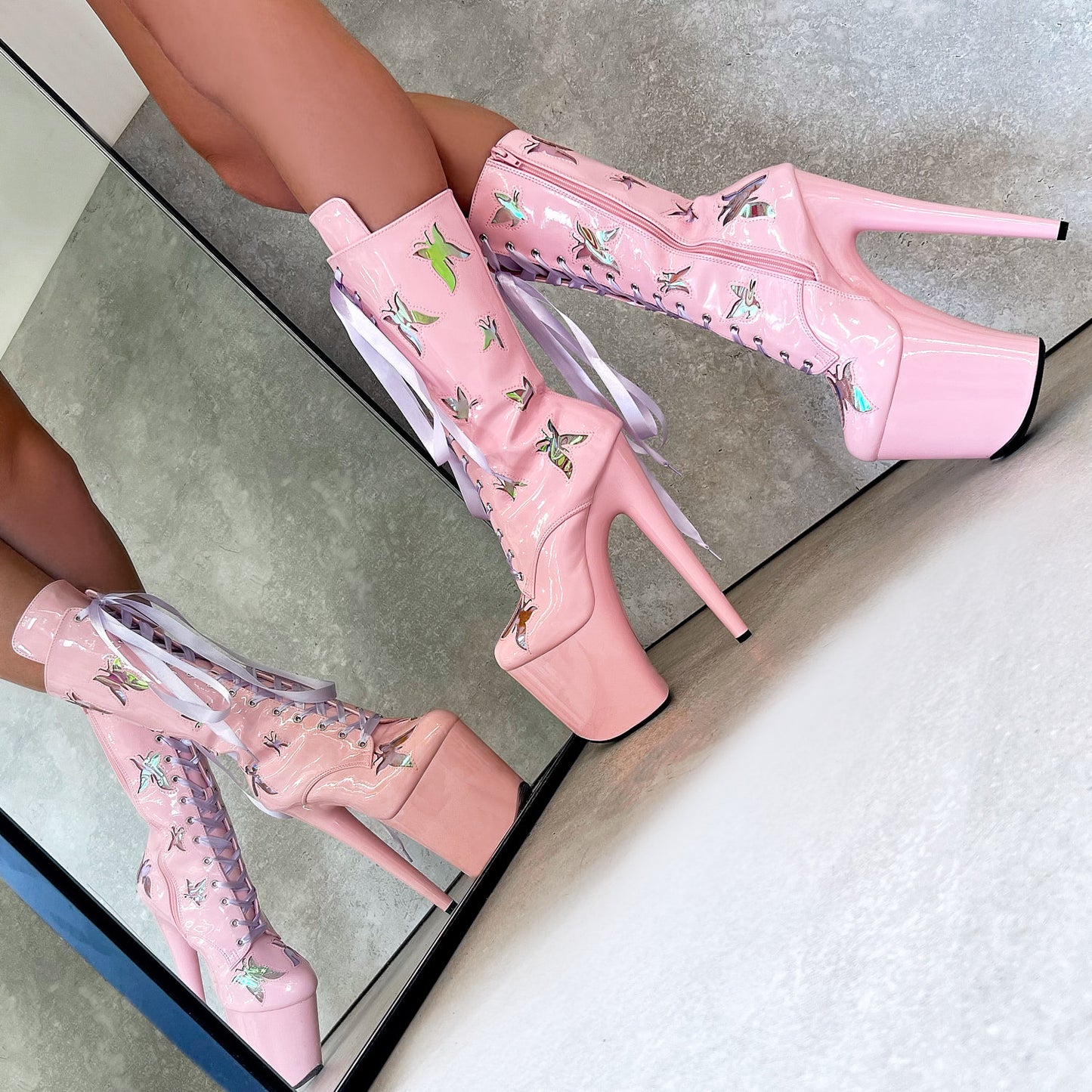 Butterfly Boot - Pink - 8 INCH, stripper shoe, stripper heel, pole heel, not a pleaser, platform, dancer, pole dance, floor work