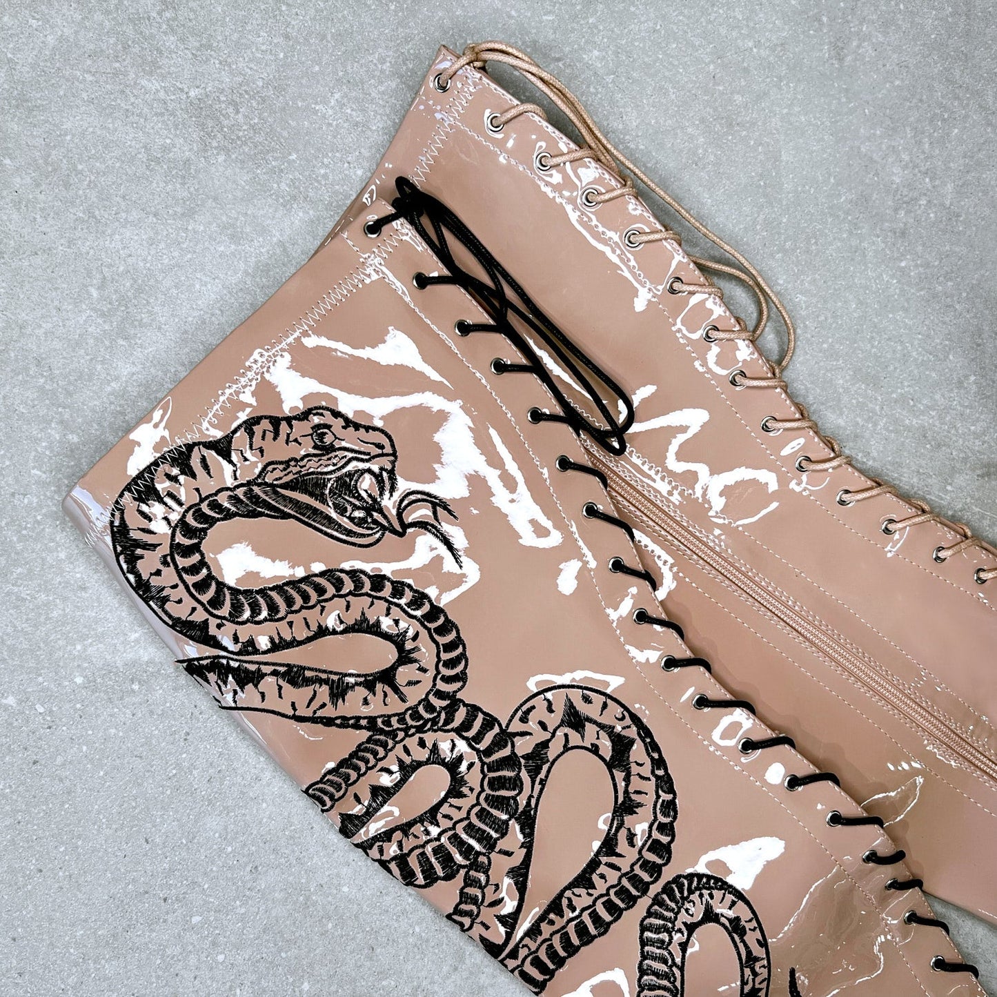 VIPER Boot Tan with Black Thicc Thigh High - 7INCH, stripper shoe, stripper heel, pole heel, not a pleaser, platform, dancer, pole dance, floor work