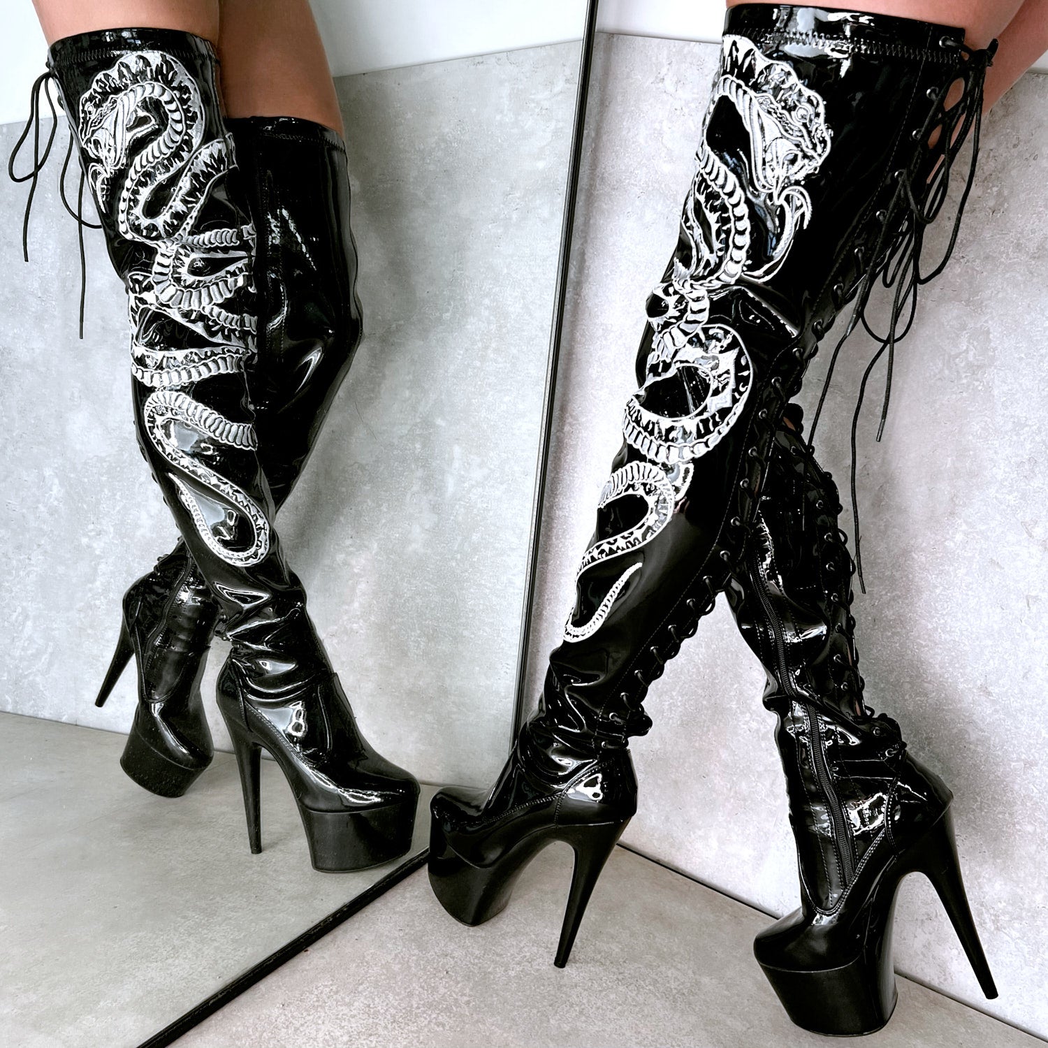 VIPER Boot Black with White Thigh High - 7INCH, stripper shoe, stripper heel, pole heel, not a pleaser, platform, dancer, pole dance, floor work