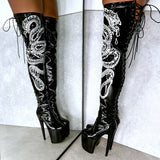 VIPER Boot Black with White Thigh High - 8INCH, stripper shoe, stripper heel, pole heel, not a pleaser, platform, dancer, pole dance, floor work