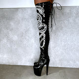 VIPER Boot Black with White Thigh High - 8INCH, stripper shoe, stripper heel, pole heel, not a pleaser, platform, dancer, pole dance, floor work