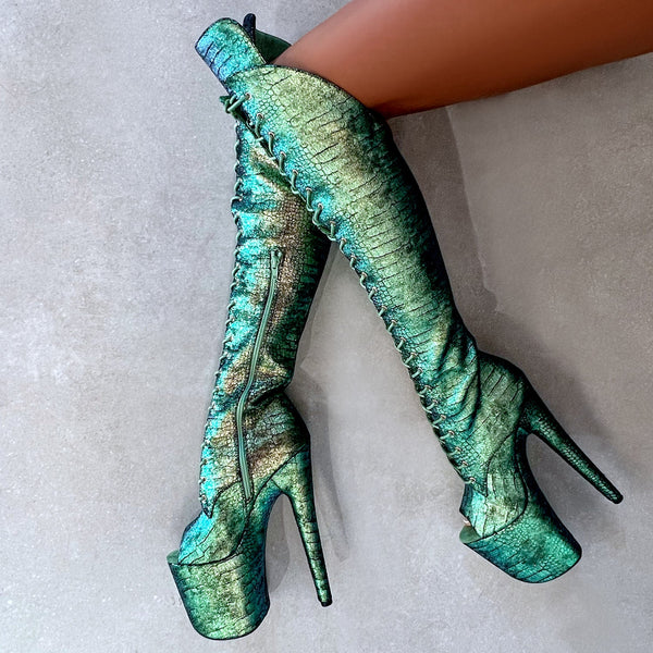 Mermaid Dreams Over Knee Open Toe Boot 8INCH New Style Check des Hella Heels UK