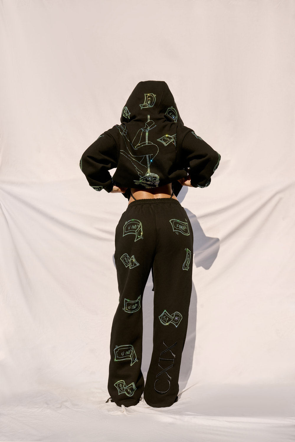 Anime Pole Dancer Wide Leg Sweatpants - Love of Hustlers Iridescent Blue / Green Sparkle