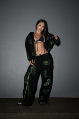 Anime Pole Dancer Wide Leg Sweatpants - Love of Hustlers Iridescent Blue / Green Sparkle