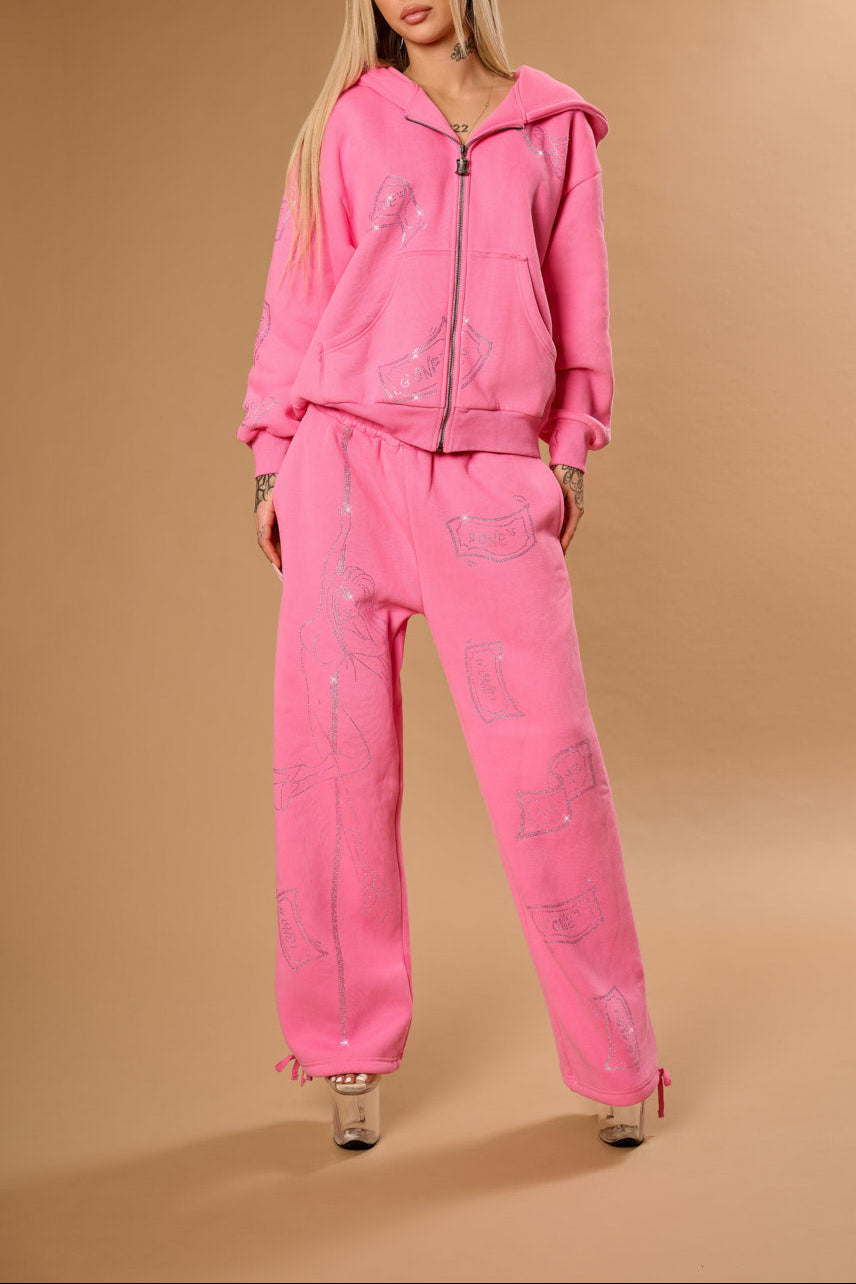Anime Pole Dancer Wide Leg Sweatpants - Love of Hustlers Pink Sparkle