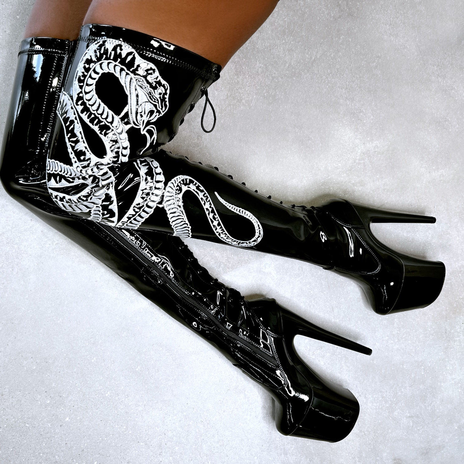 VIPER Boot Black with White Thigh High - 8INCH, stripper shoe, stripper heel, pole heel, not a pleaser, platform, dancer, pole dance, floor work