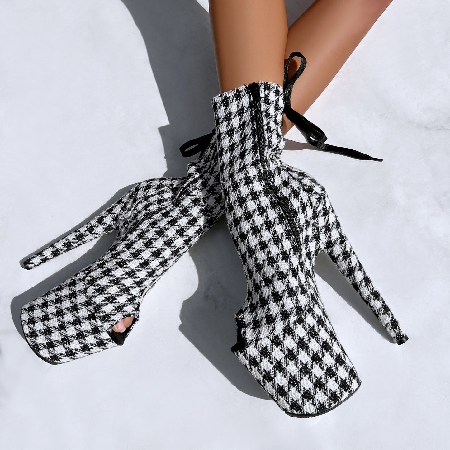 Houndstooth Corset Boot Open Toe - 8INCH