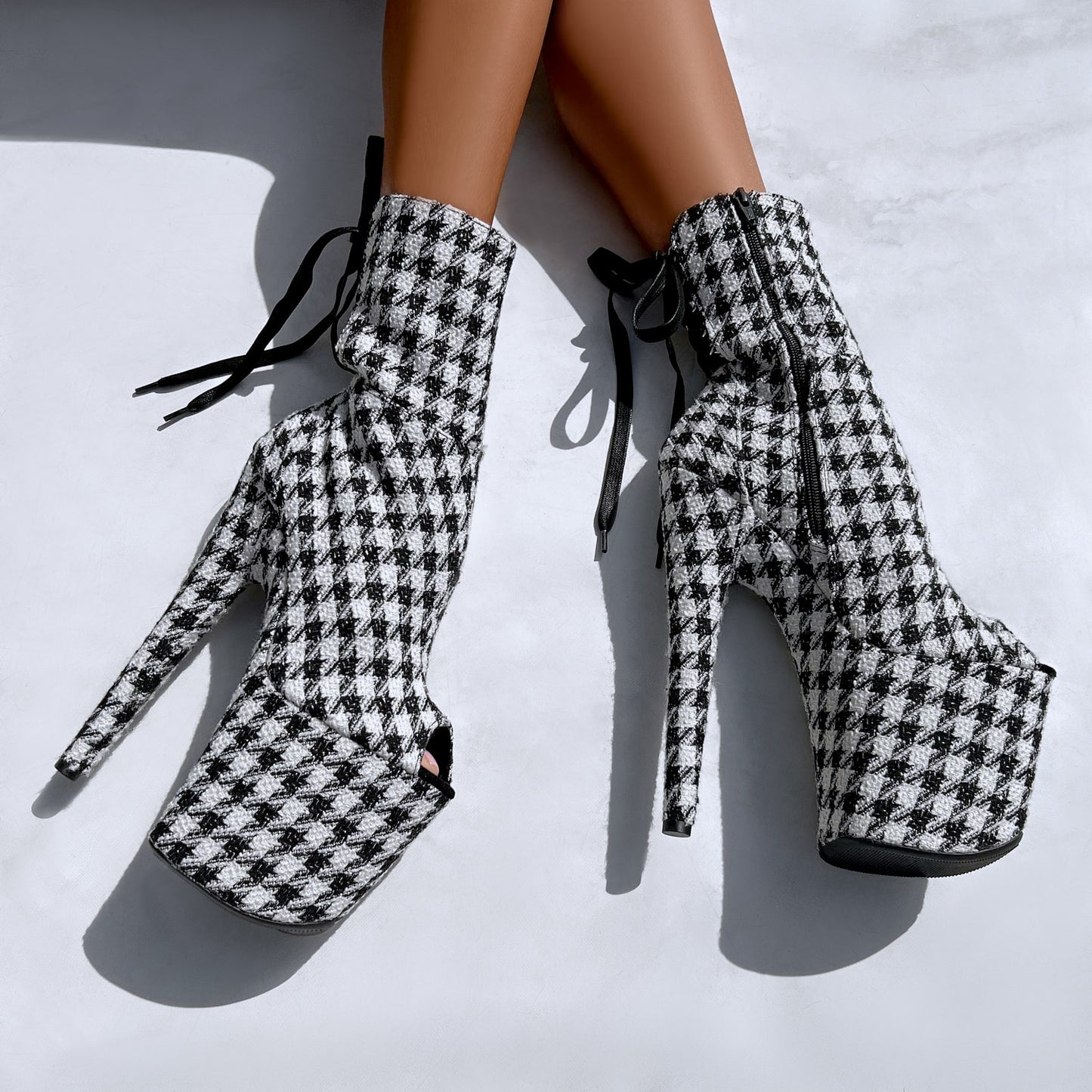 Houndstooth Corset Boot Open Toe - 8INCH