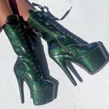 The Glitterati Cosmic Wide Fit  Boot - Emerald Sparkle - 7INCH