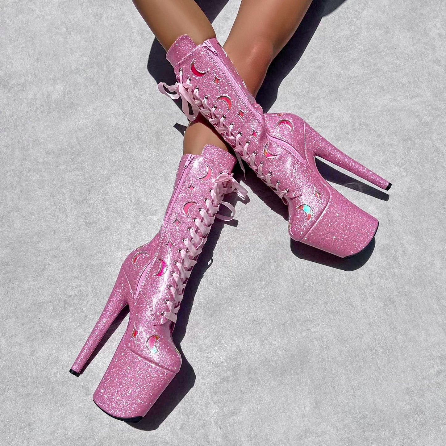 The Glitterati Cosmic Wide Fit Boot - Pink Sparkle - 8INCH