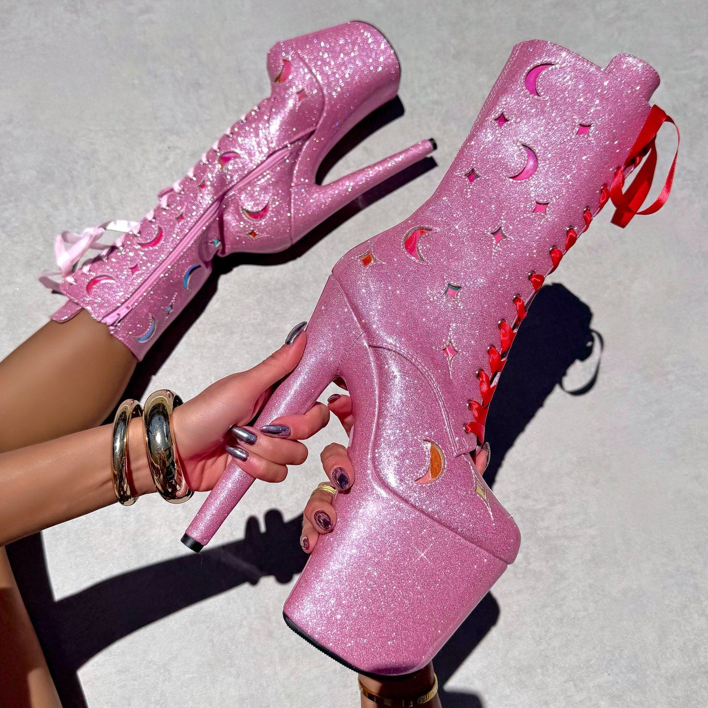 The Glitterati Cosmic Wide Fit Boot - Pink Sparkle - 8INCH