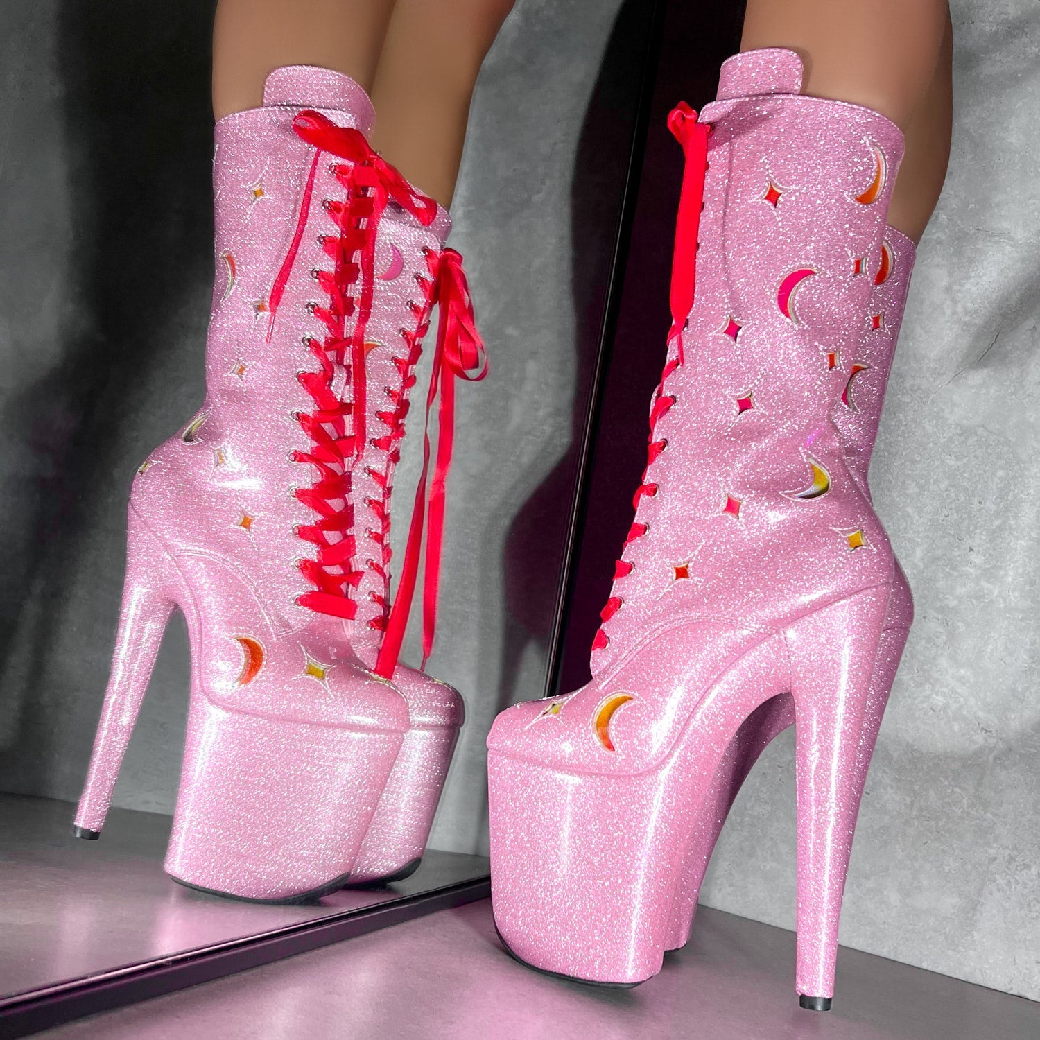 The Glitterati Cosmic Wide Fit Boot - Pink Sparkle - 8INCH
