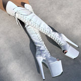 The Glitterati - Snow Kween Over Knee Open Toe Boot  - 8INCH