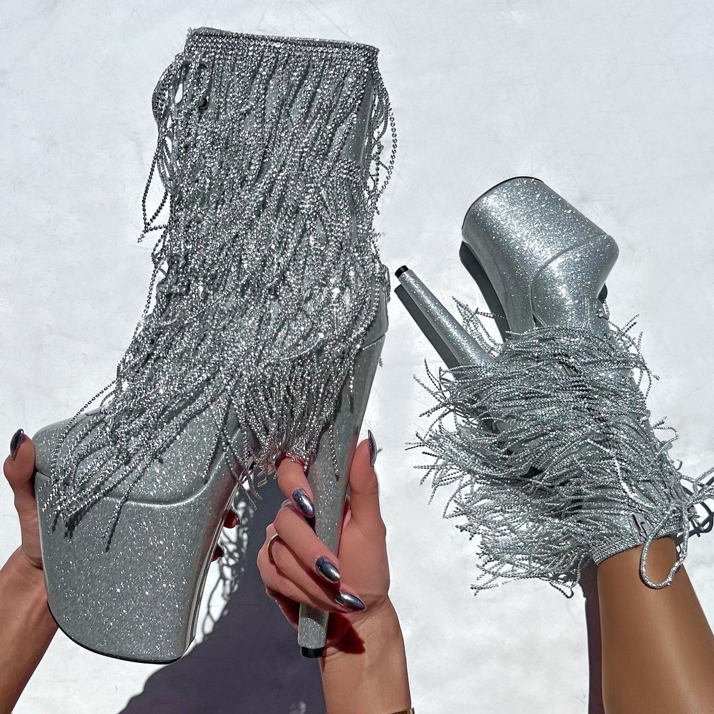 Chrome Cowgirls - Wide Fit Boot - Silver Glitterati - 8INCH - Wide Fit