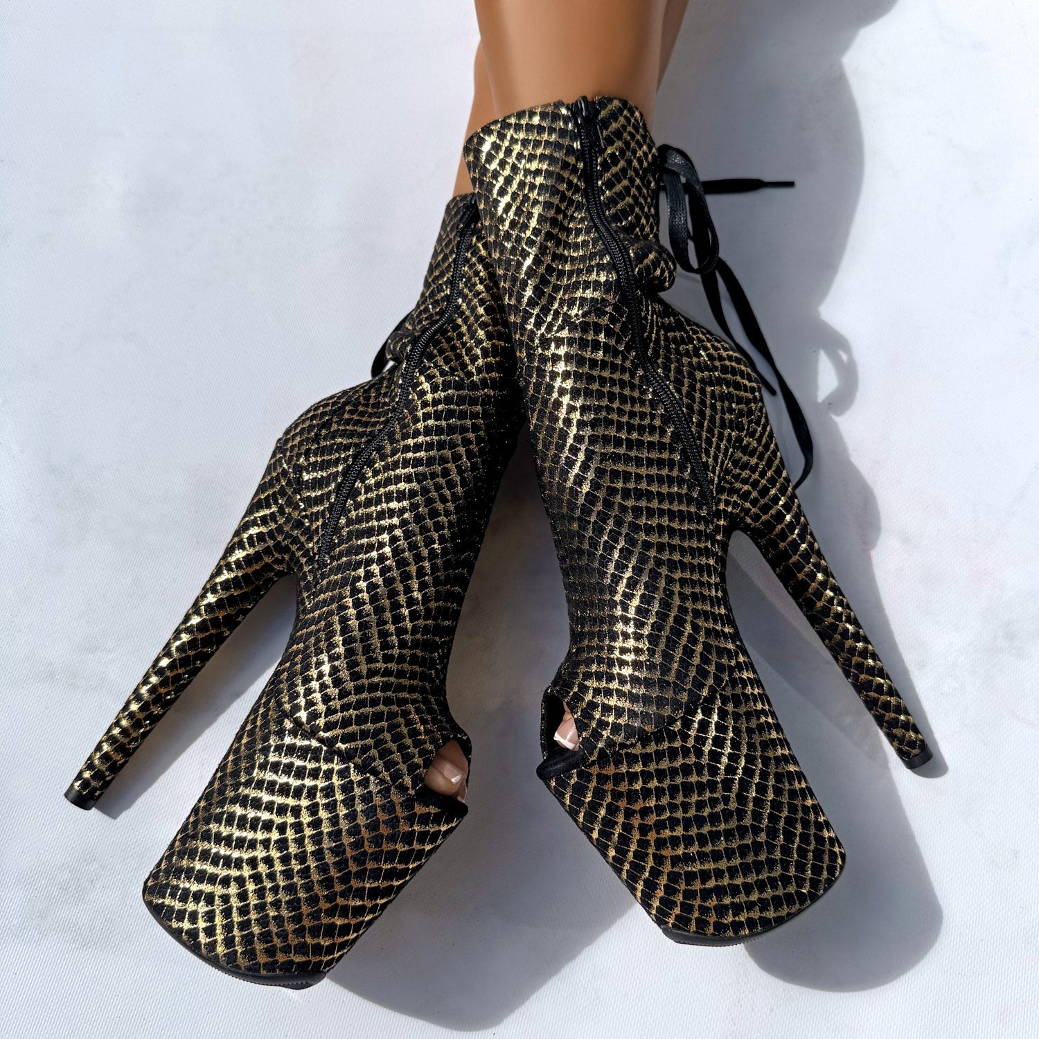 Khaleesi Open Toe Corset Boot - Black & Gold - 8INCH