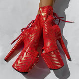Khaleesi Open Toe Corset Boot - Red & Gold - 8INCH
