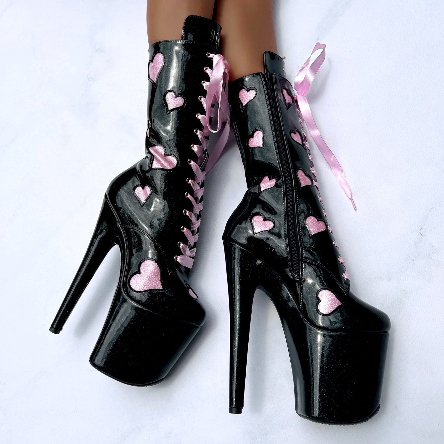 CUPID'S CHOKEHOLD - BLACK RIBBON WIDE FIT BOOT - 8 INCH - LIMITED ED.
