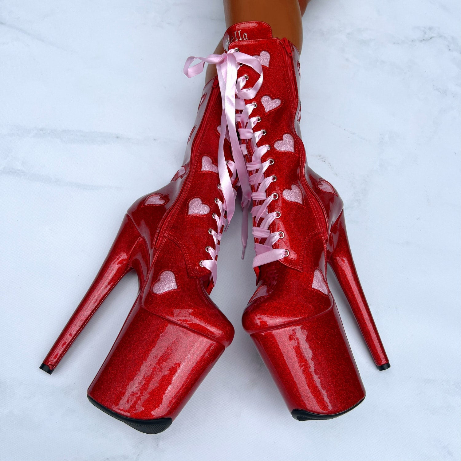 CUPID'S CHOKEHOLD RED - RIBBON WIDE FIT BOOT - 8 INCH - LIMITED ED.