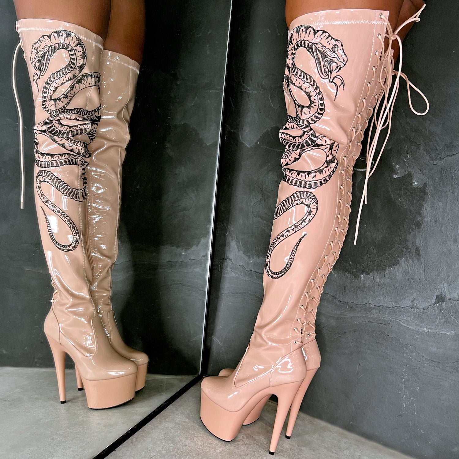 VIPER Boot Tan with Black Thigh High - 7INCH, stripper shoe, stripper heel, pole heel, not a pleaser, platform, dancer, pole dance, floor work