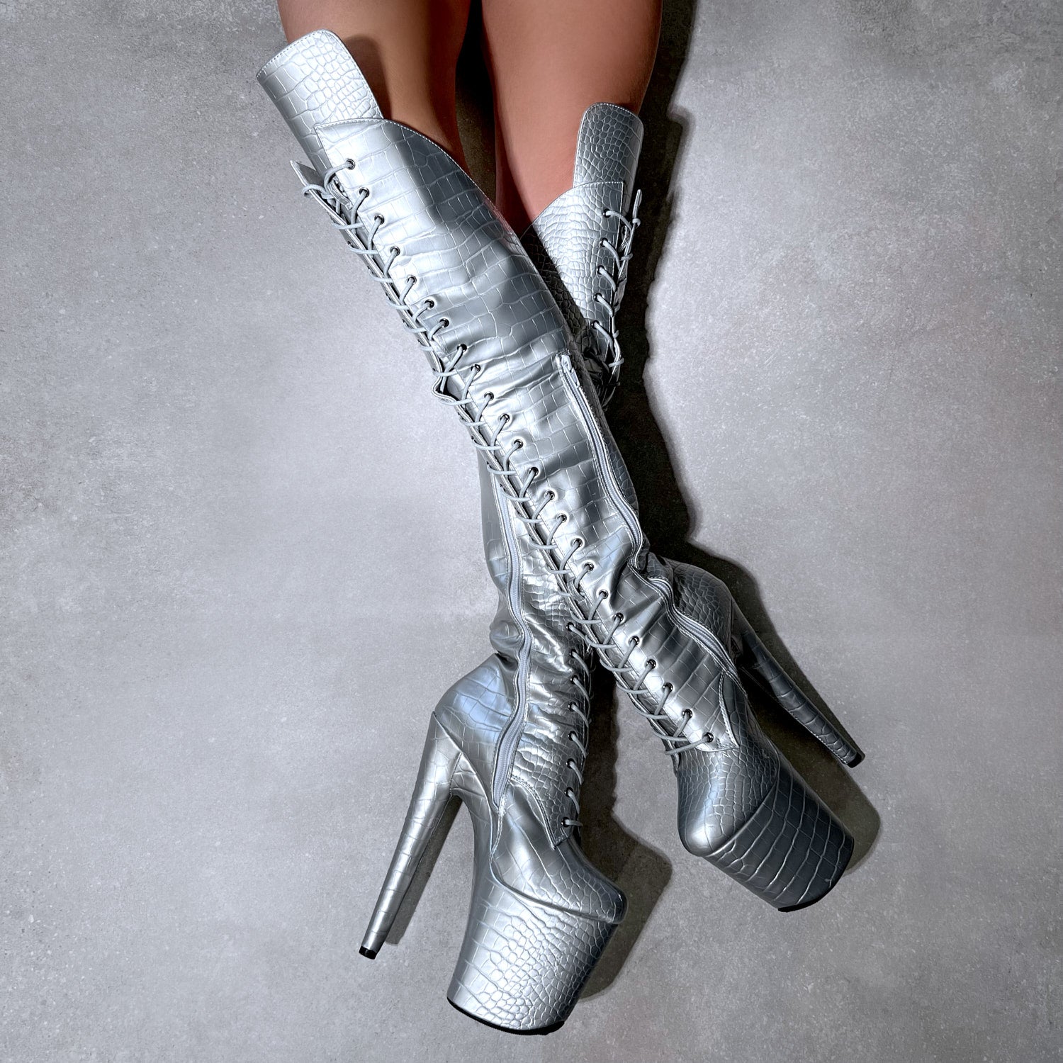 Silver over knee boots discount