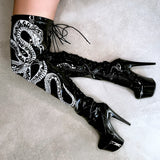VIPER Boot Black with White Thigh High - 7INCH, stripper shoe, stripper heel, pole heel, not a pleaser, platform, dancer, pole dance, floor work