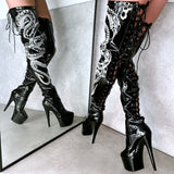 VIPER Boot Black with White Thigh High - 7INCH, stripper shoe, stripper heel, pole heel, not a pleaser, platform, dancer, pole dance, floor work