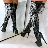VIPER Boot Black with White Thicc Thigh High - 7INCH, stripper shoe, stripper heel, pole heel, not a pleaser, platform, dancer, pole dance, floor work