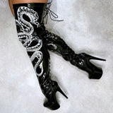 VIPER Boot Black with White Thicc Thigh High - 7INCH, stripper shoe, stripper heel, pole heel, not a pleaser, platform, dancer, pole dance, floor work