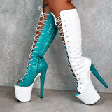 SNAPPED White/Aqua - Knee Boot Open Toe - 8INCH