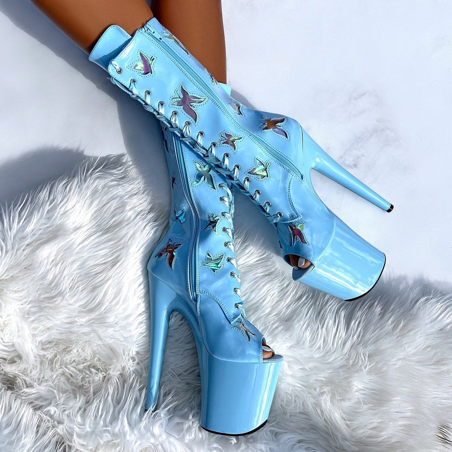 Butterfly Boot Blue Open Toe - 8INCH, stripper shoe, stripper heel, pole heel, not a pleaser, platform, dancer, pole dance, floor work