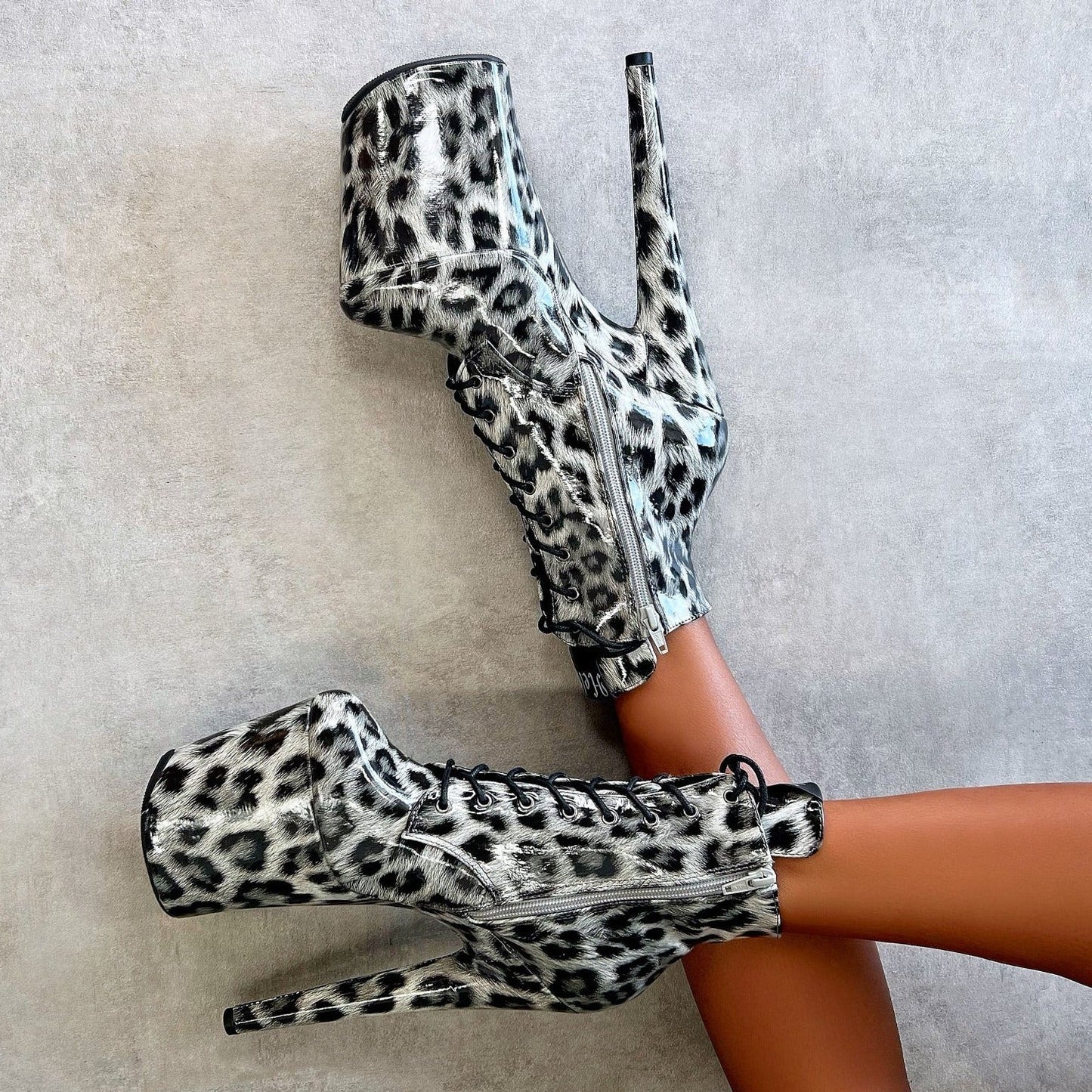 Snow Leopard Ankle Boot - 8 INCH, stripper shoe, stripper heel, pole heel, not a pleaser, platform, dancer, pole dance, floor work