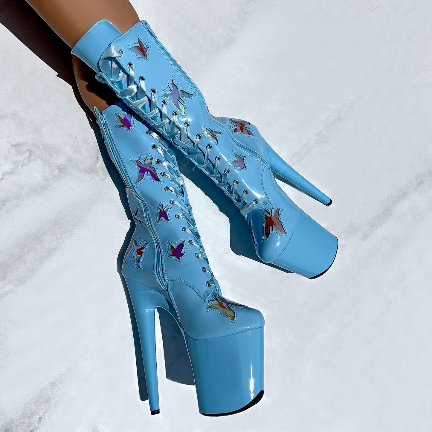 Butterfly Boot - Blue - 8 INCH, stripper shoe, stripper heel, pole heel, not a pleaser, platform, dancer, pole dance, floor work