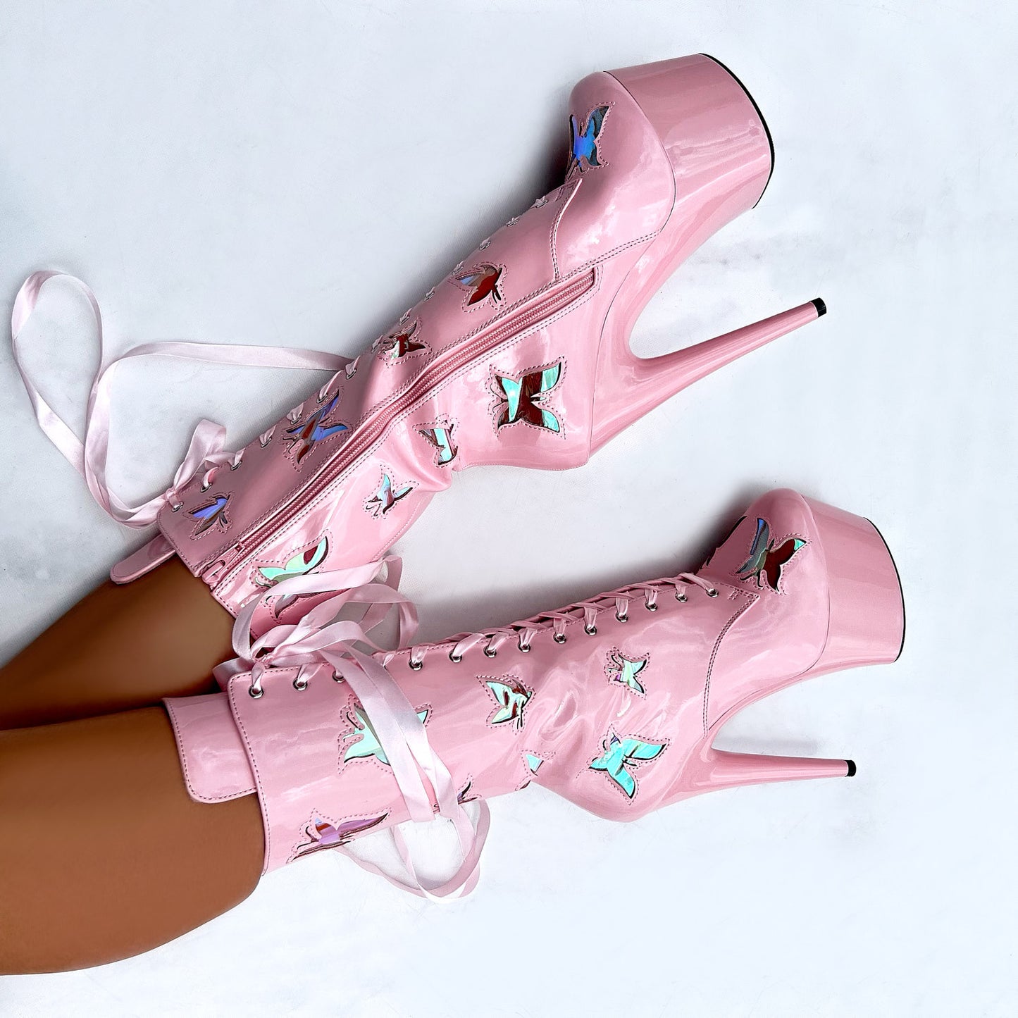 Butterfly Boot - Pink - 7 INCH, stripper shoe, stripper heel, pole heel, not a pleaser, platform, dancer, pole dance, floor work