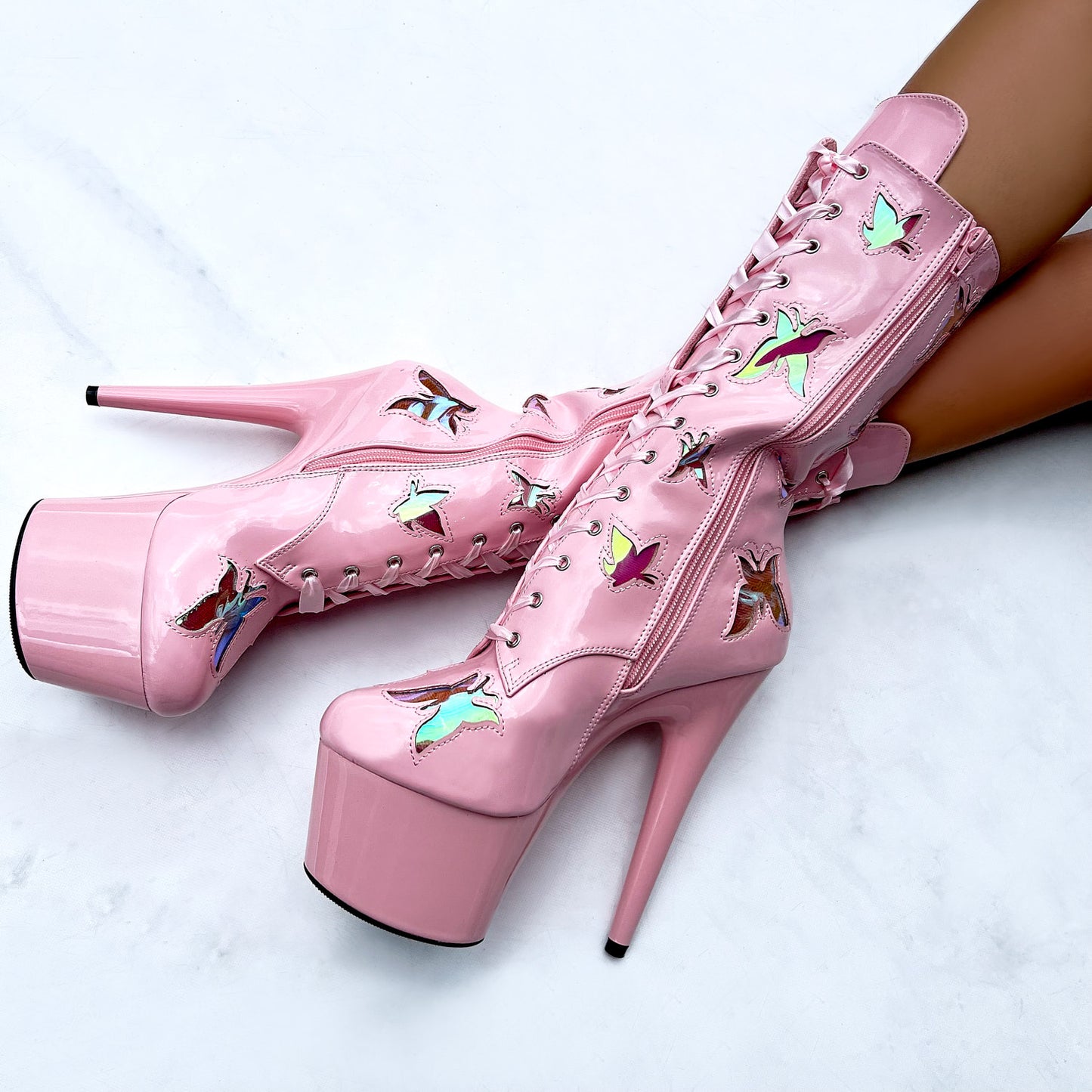 Butterfly Boot - Pink - 7 INCH, stripper shoe, stripper heel, pole heel, not a pleaser, platform, dancer, pole dance, floor work