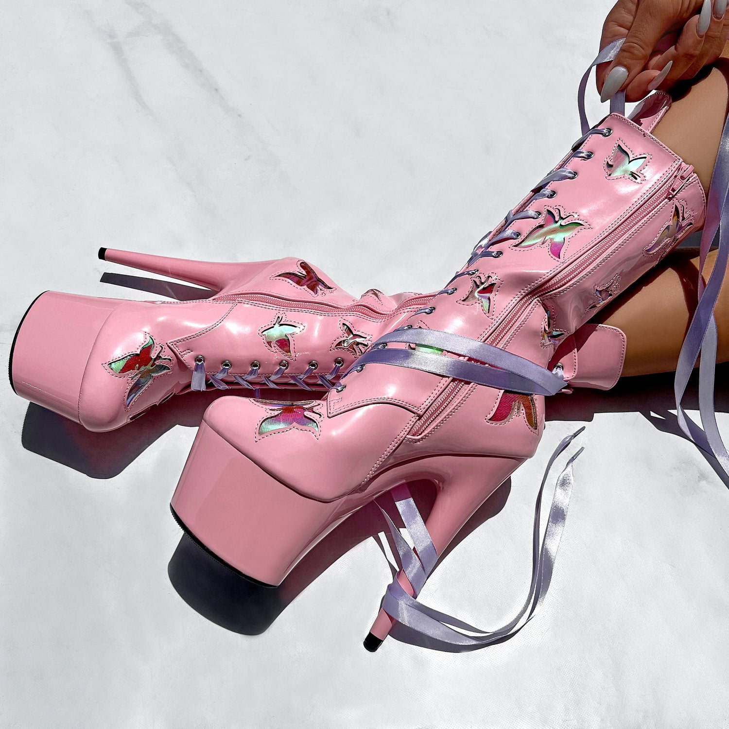 Butterfly Boot - Pink - 7 INCH, stripper shoe, stripper heel, pole heel, not a pleaser, platform, dancer, pole dance, floor work