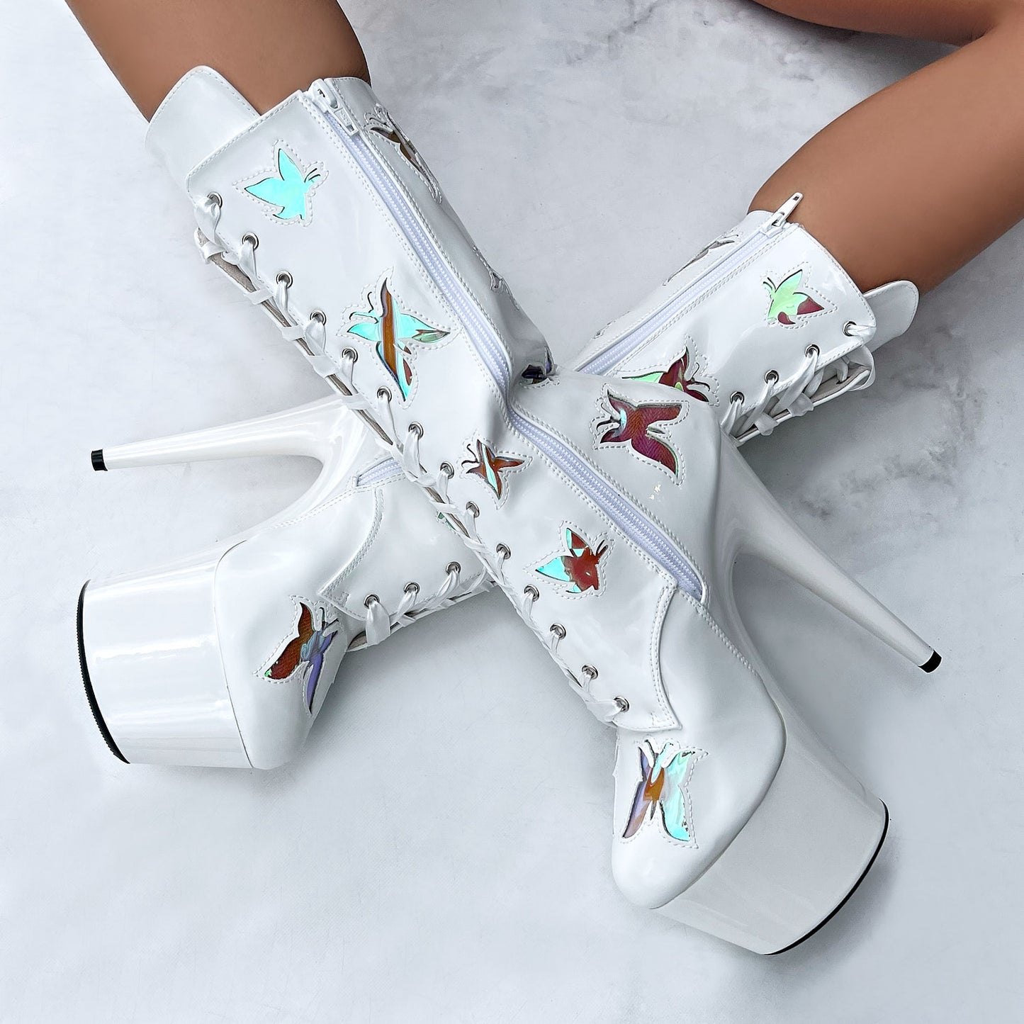 Butterfly Boot - White - 7 INCH, stripper shoe, stripper heel, pole heel, not a pleaser, platform, dancer, pole dance, floor work