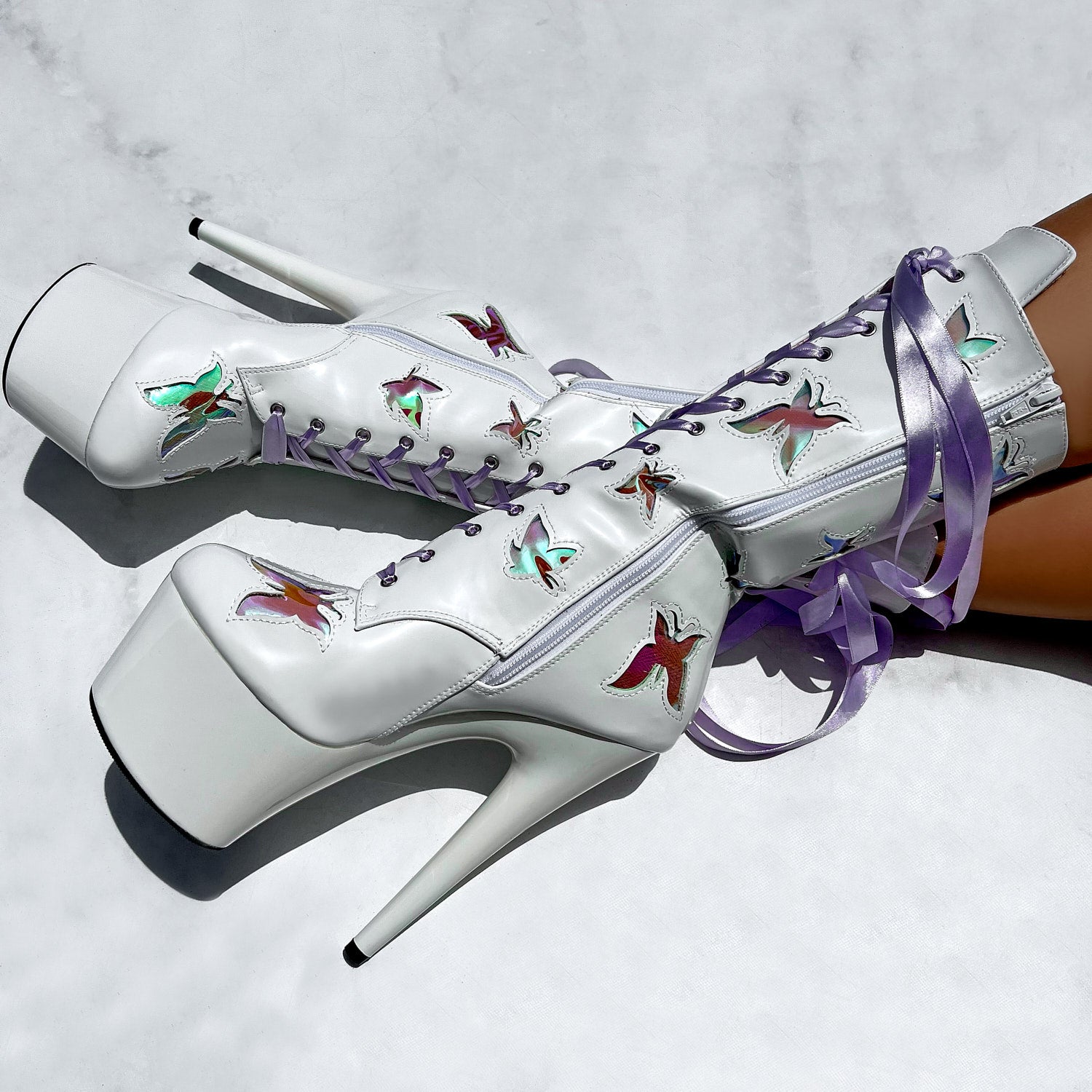 Butterfly Boot - White - 7 INCH, stripper shoe, stripper heel, pole heel, not a pleaser, platform, dancer, pole dance, floor work