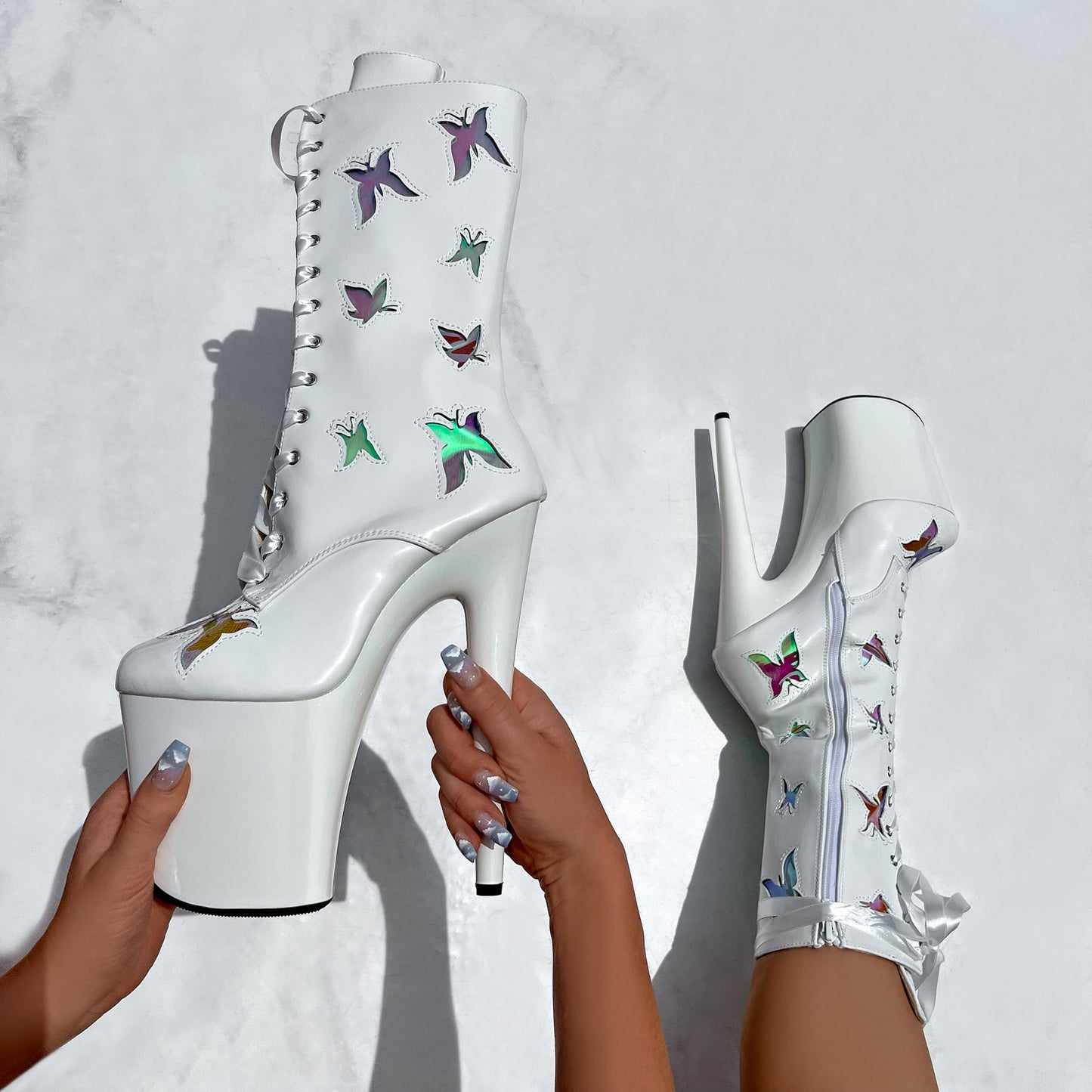 Side view of Butterfly Boot - White - 8 INCH