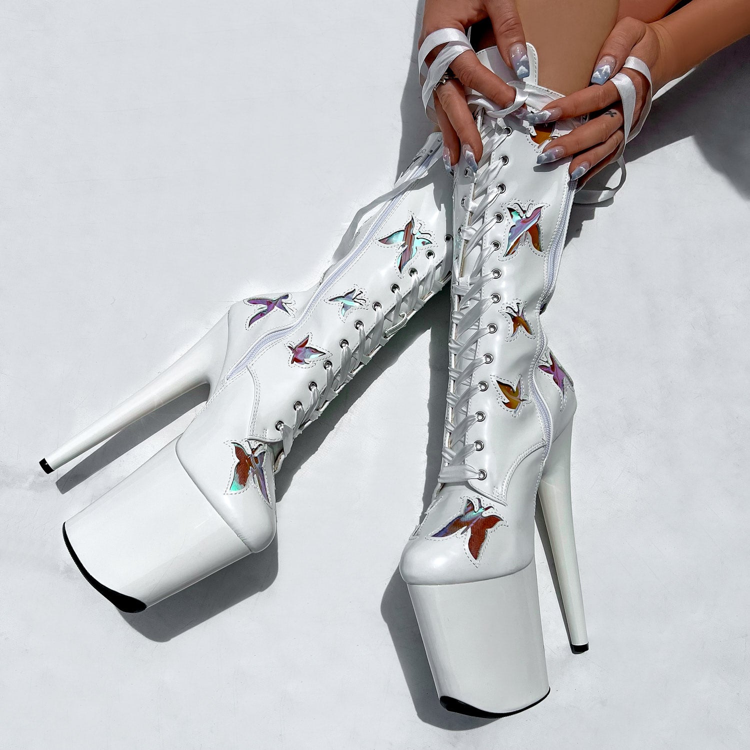 Butterfly Boot - White - 8 INCH, stripper shoe, stripper heel, pole heel, not a pleaser, platform, dancer, pole dance, floor work