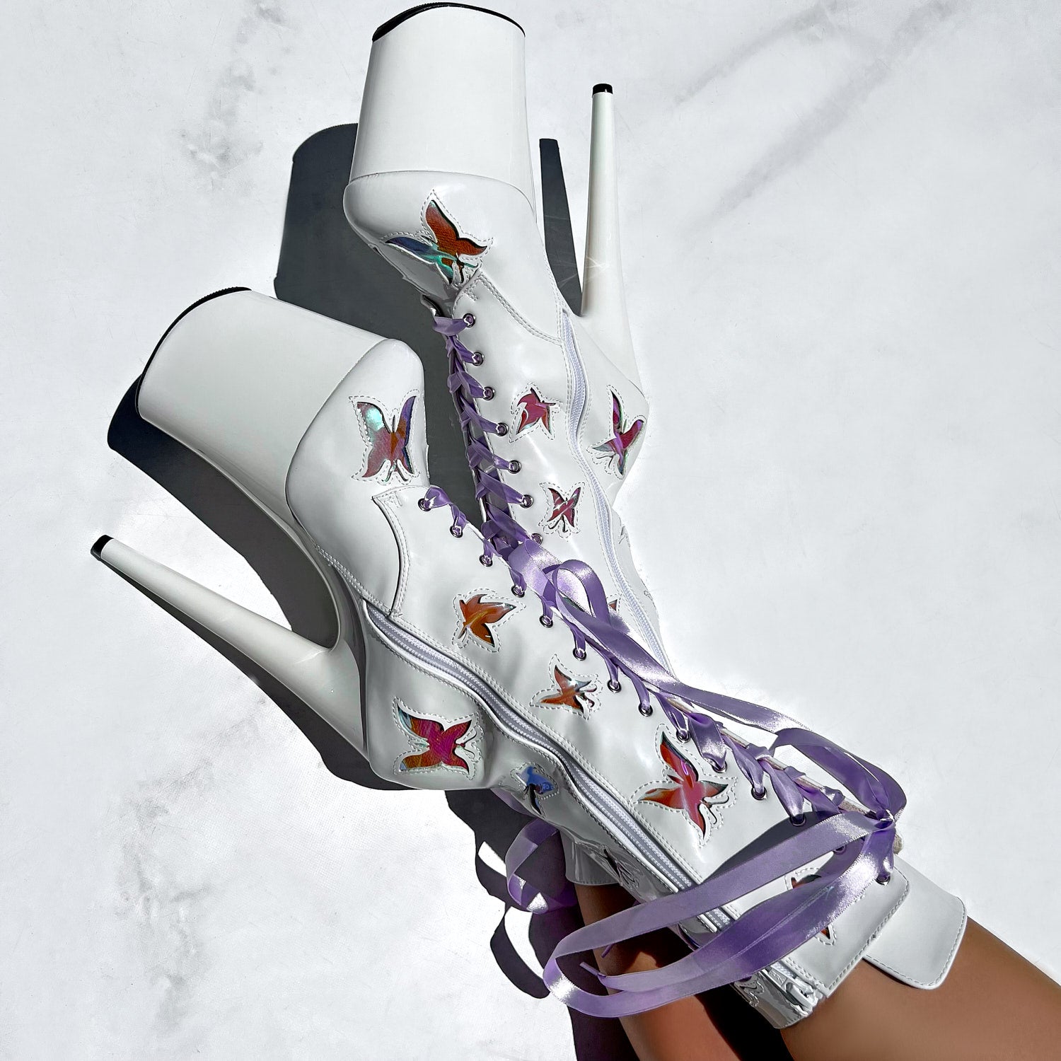 Top view of Butterfly Boot - White - 8 INCH with purple laces