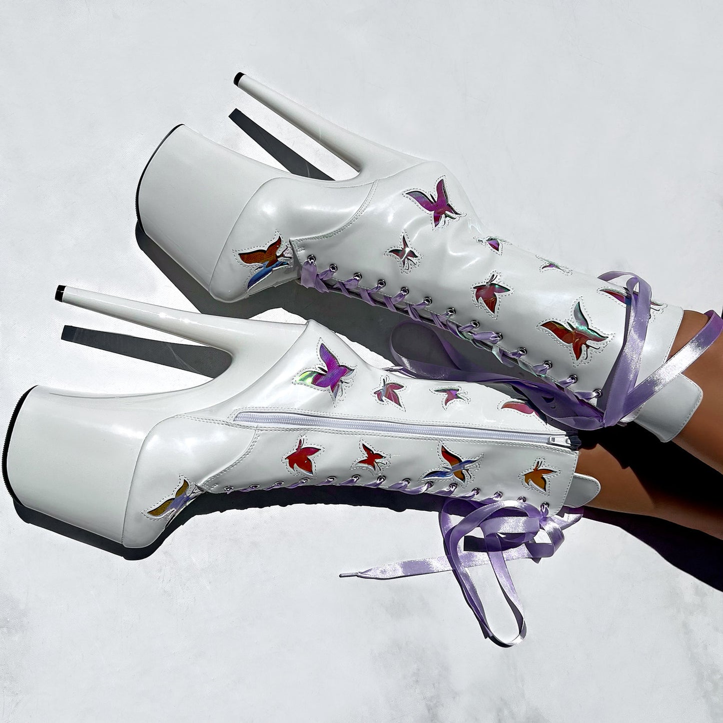 Side view of Butterfly Boot - White - 8 INCH with purple laces
