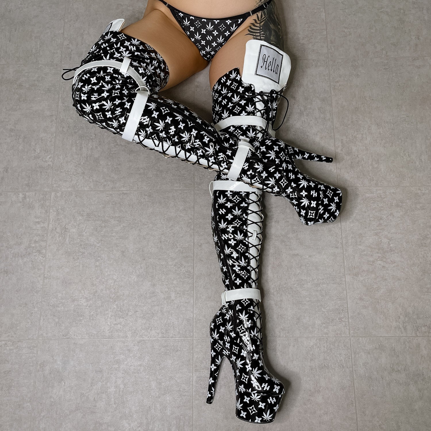 Branded Thigh High Wide Fit - Black - 7 INCH, stripper shoe, stripper heel, pole heel, not a pleaser, platform, dancer, pole dance, floor work