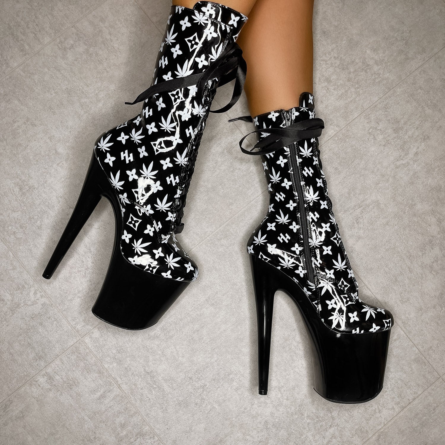 Branded Boot - Black/Black - 8 INCH, stripper shoe, stripper heel, pole heel, not a pleaser, platform, dancer, pole dance, floor work