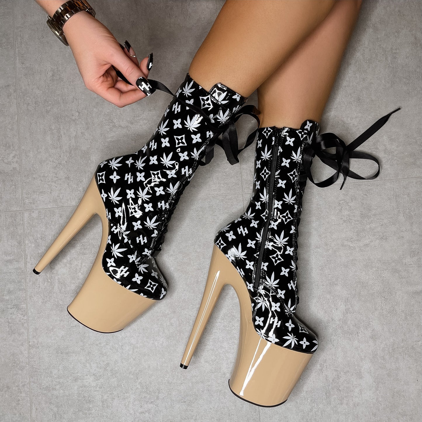 Branded Boot - Black/Sand - 8 INCH, stripper shoe, stripper heel, pole heel, not a pleaser, platform, dancer, pole dance, floor work