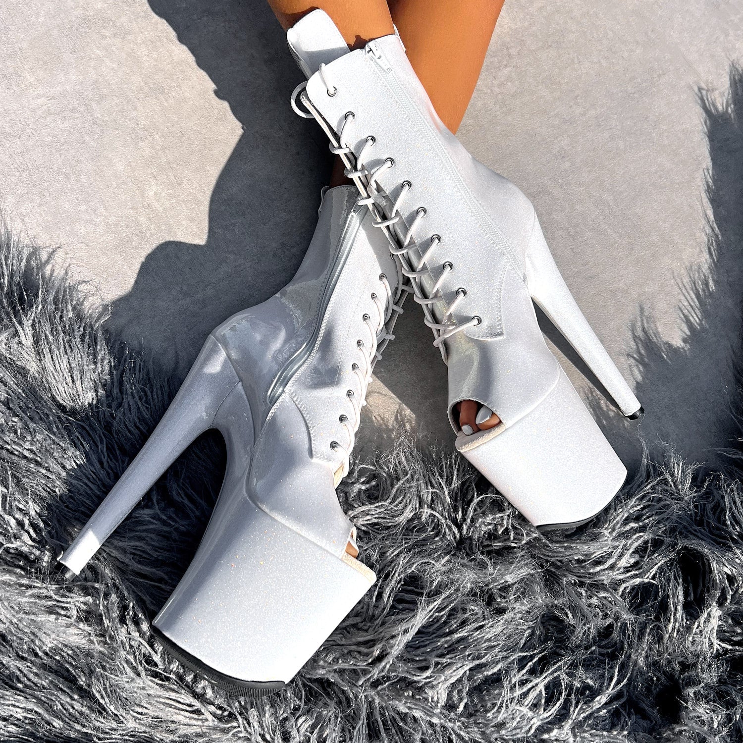 The Glitterati Open Toe Boot - Snow Kween - 8 INCH, stripper shoe, stripper heel, pole heel, not a pleaser, platform, dancer, pole dance, floor work