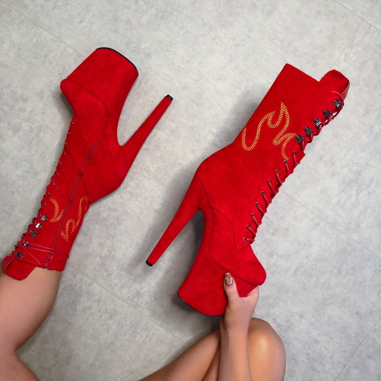 HellGirl Red/Yellow Front Lace - 8 INCH, stripper shoe, stripper heel, pole heel, not a pleaser, platform, dancer, pole dance, floor work