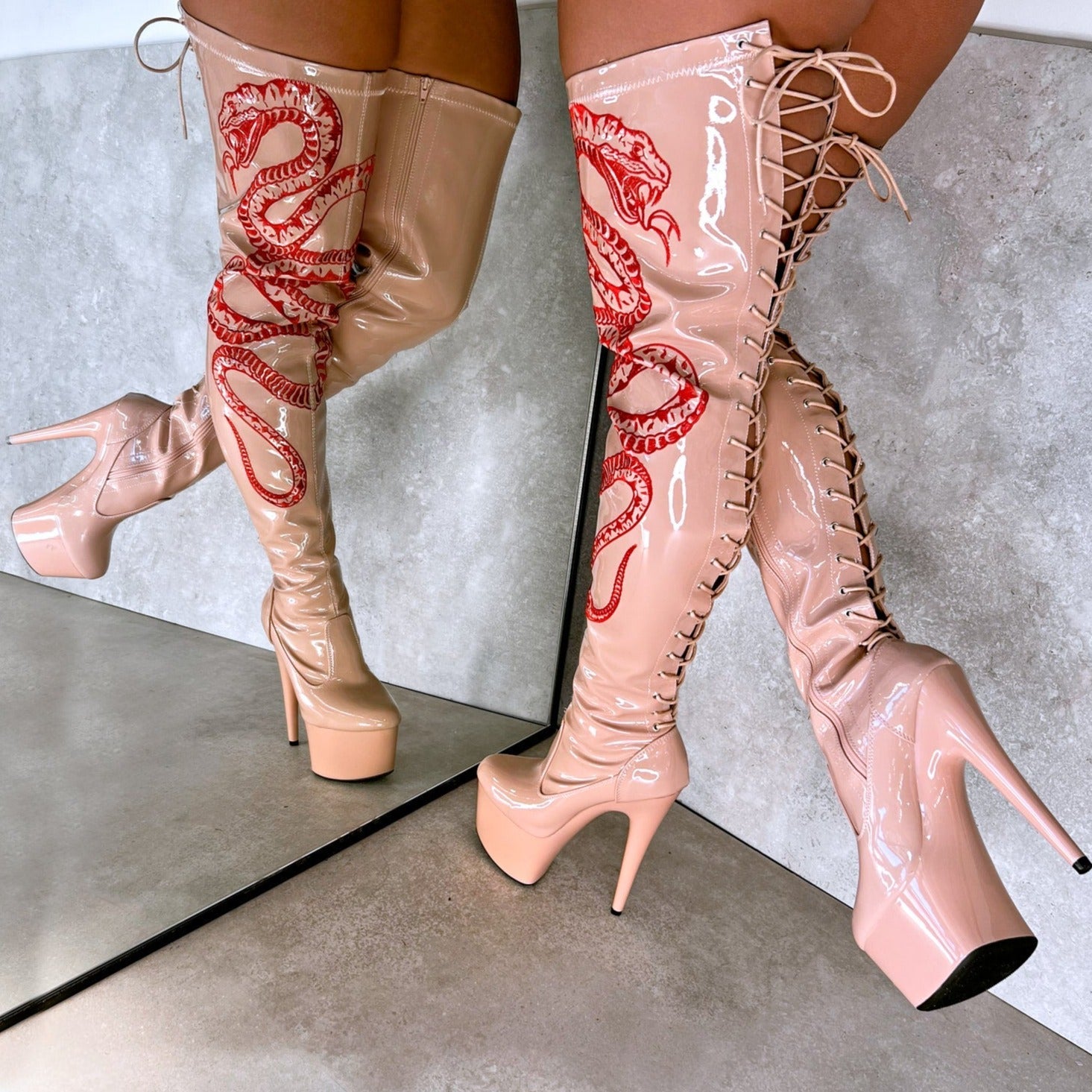 VIPER Boot Tan with Red Thicc Thigh High - 7INCH, stripper shoe, stripper heel, pole heel, not a pleaser, platform, dancer, pole dance, floor work